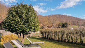 A garden with three lounge chairs, a large tree, and a hedge. - Gaoudens - Soueich - Gîte (Soueich)