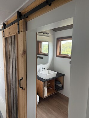 Shower, towels, soap, toilet paper