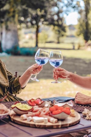 Una mesa con una variedad de quesos y frutas, y dos personas brindando con copas.