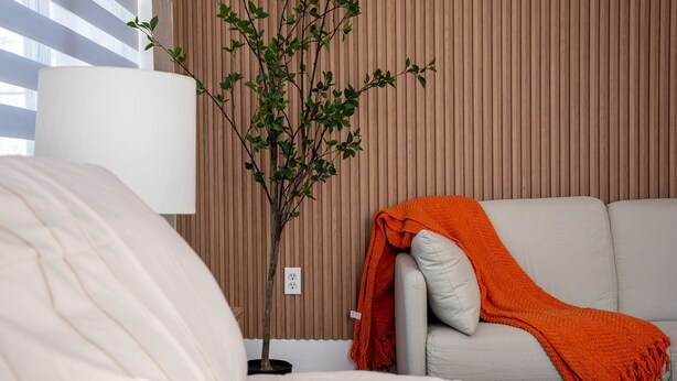 Ein Hotelzimmer mit einem Bett, einem Nachttisch, einer Lampe, einer Topfpflanze und einem Sofa mit orangefarbener Decke.