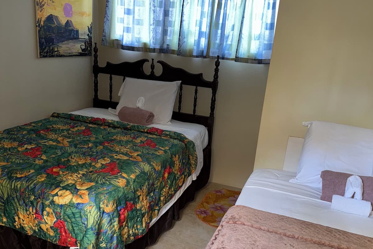 Un dormitorio con dos camas, una con colcha estampada y la otra con manta texturizada. Hay un cuadro en la pared y una ventana con cortinas.