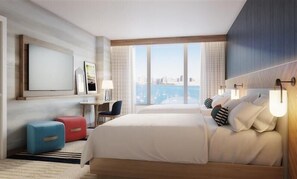 Premium bedding, desk, laptop workspace, bed sheets