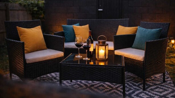 An outdoor seating area with wicker chairs, cushions, a glass table, wine glasses, a candle, and a lantern.