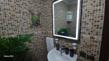 Shower, hair dryer, towels, soap