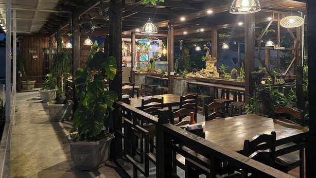 Un restaurante con mesas y sillas de madera, plantas colgantes e iluminación decorativa.