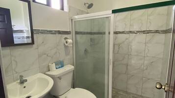 A bathroom with a sink, toilet, and glass-enclosed shower.