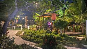 Un jardín nocturno con senderos, una pérgola de madera y diversas plantas.