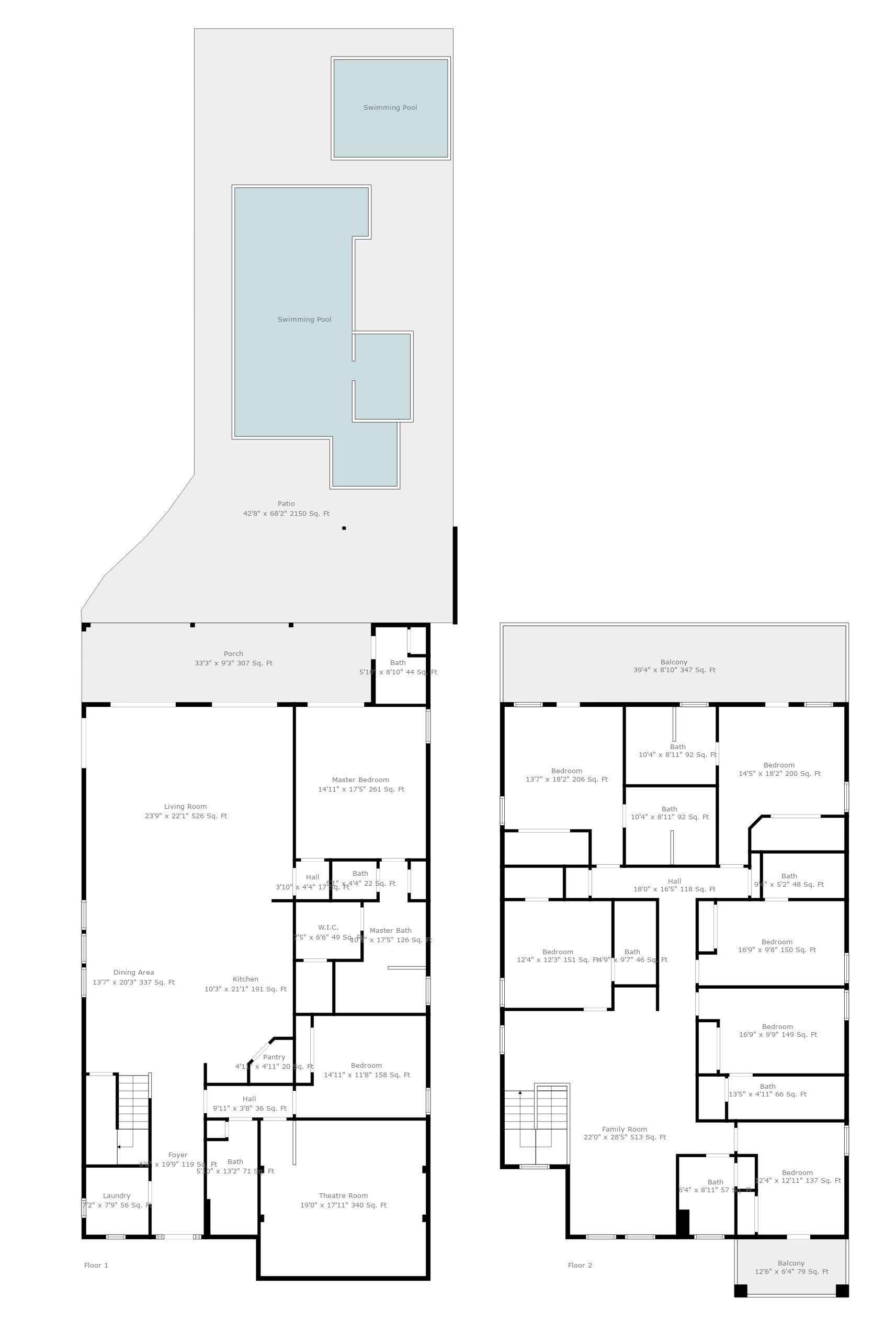 A floor plan with two floors, including a balcony, multiple bedrooms, bathrooms, a dining area, kitchen, and a living room.