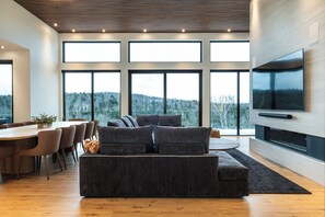 TV, fireplace, video games, foosball