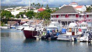 Marina com vários barcos atracados, um edifício com telhado vermelho e vista da paisagem circundante.