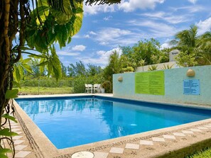 Ein klarer, blauer Swimmingpool mit einer gefliesten Kante, umgeben von Grünpflanzen und einem Zaun.