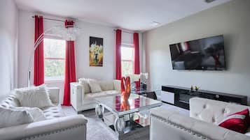 Smart TV, fireplace, video games, DVD player