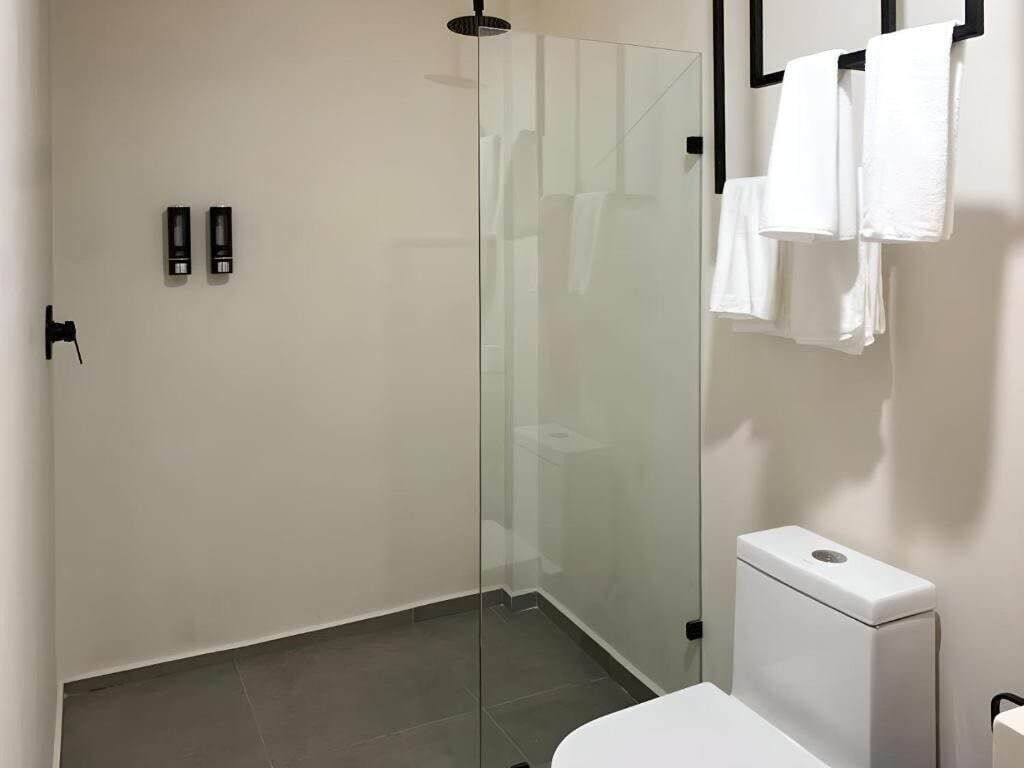 A modern bathroom with a glass shower enclosure, a white toilet, and two wall-mounted towel racks.