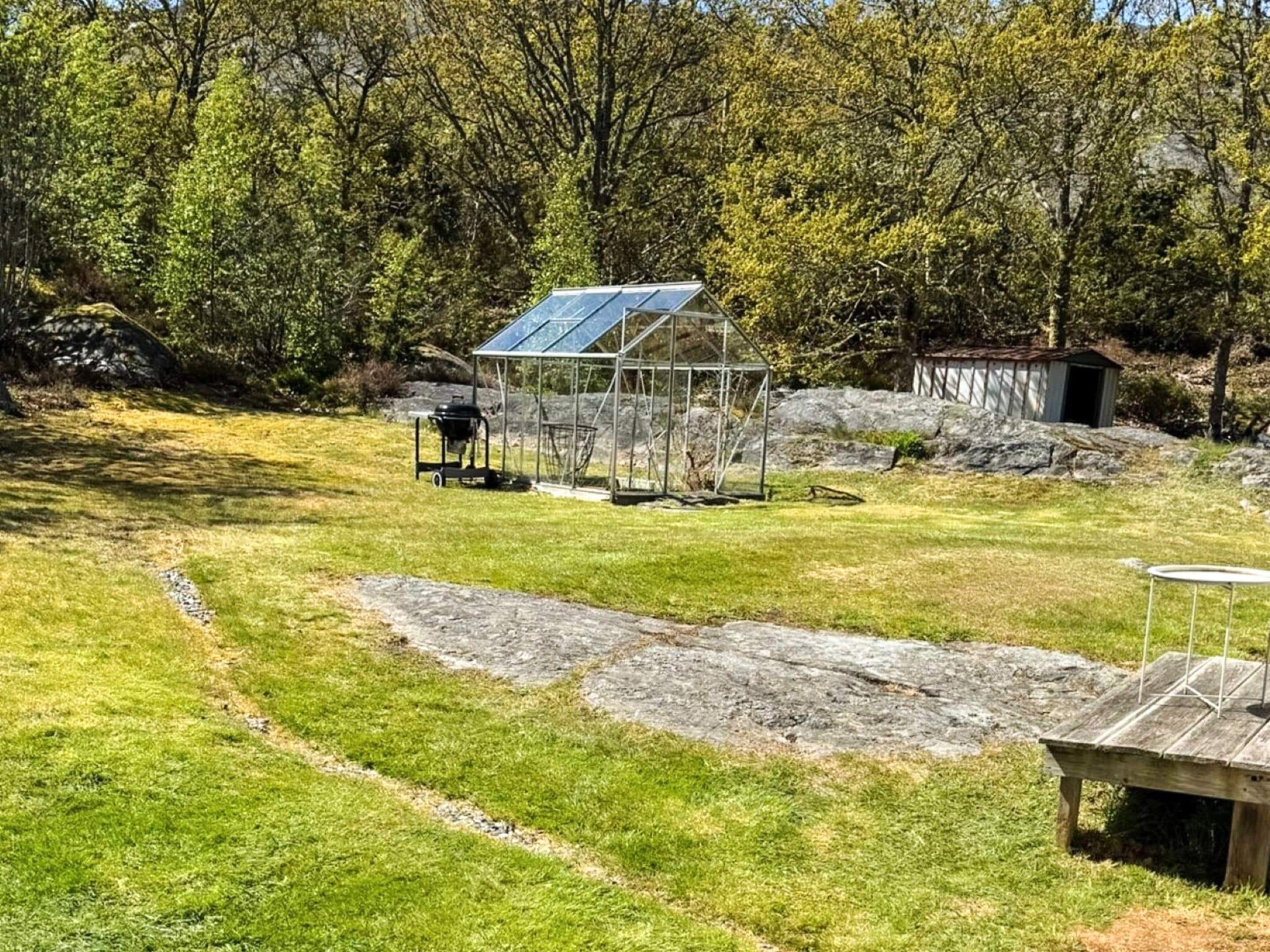 A grassy outdoor area with a metal structure, possibly a greenhouse, and a small shed.