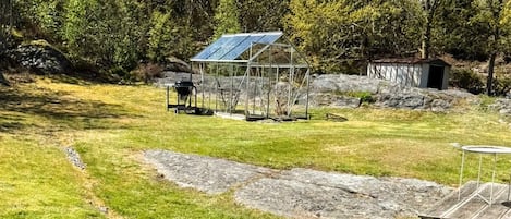A grassy outdoor area with a metal structure, possibly a greenhouse, and a small shed.