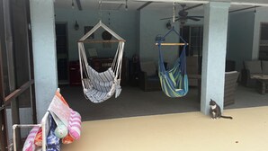 A covered outdoor area with two hammocks, a cat, and a variety of colorful pillows. - Central Florida Pool Home (DeBary)