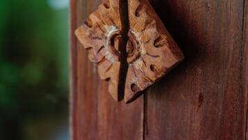 A wooden door with a decorative metal handle.