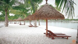 A beach with thatched umbrellas and wooden lounge chairs. - Lyshing Apartment in Vinhomes Grand Park (Ho Chi Minh City)