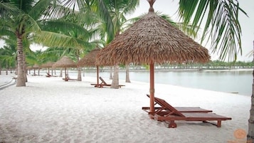 Una playa con sombrillas de paja y sillas de madera para relajarse.