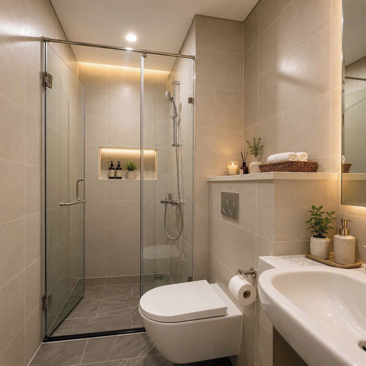 A modern bathroom with a glass-enclosed shower, a toilet, and a sink.
