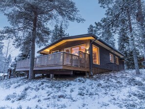 En moderne hytte med træterrasse og store vinduer, omgivet af sneklædte træer.