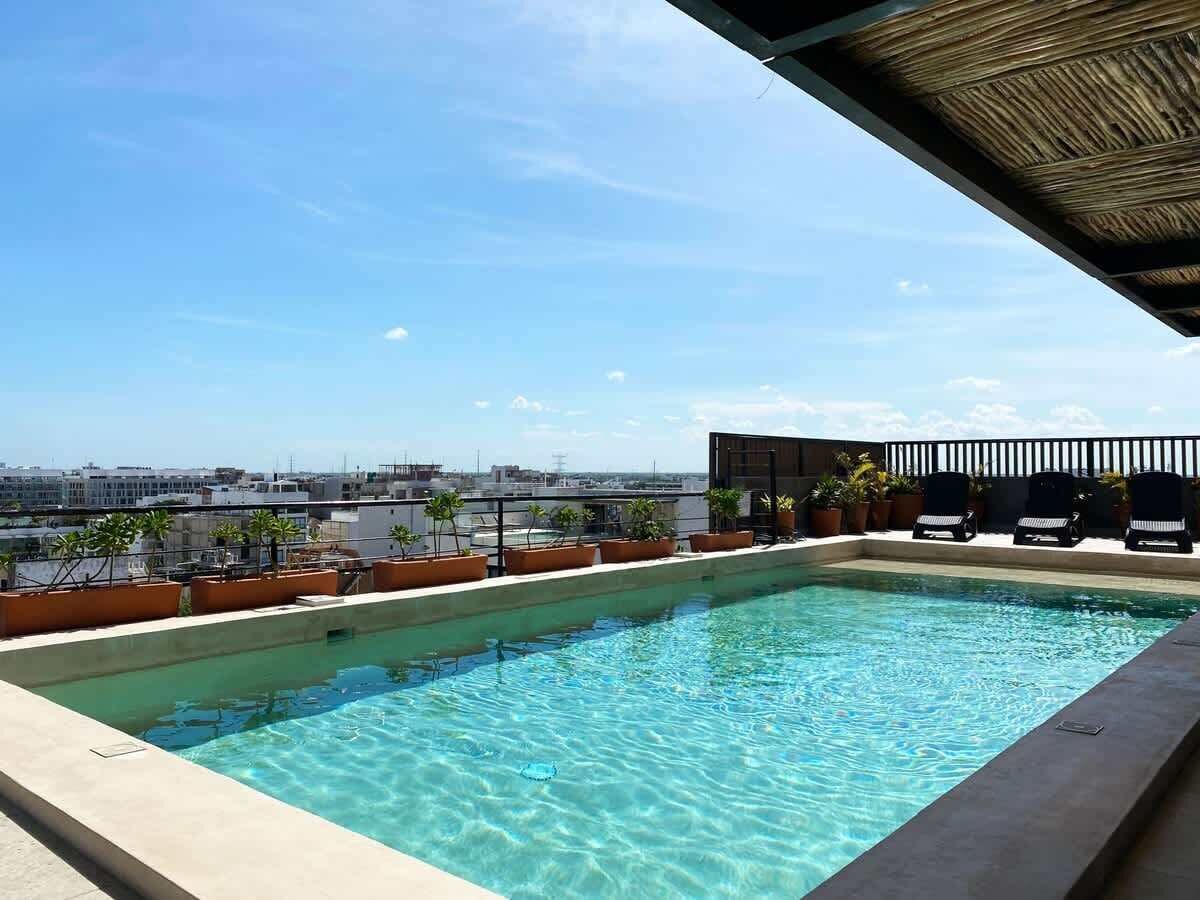 Uma piscina no terraço com águas cristalinas azuis, rodeada por vasos de plantas e espreguiçadeiras.