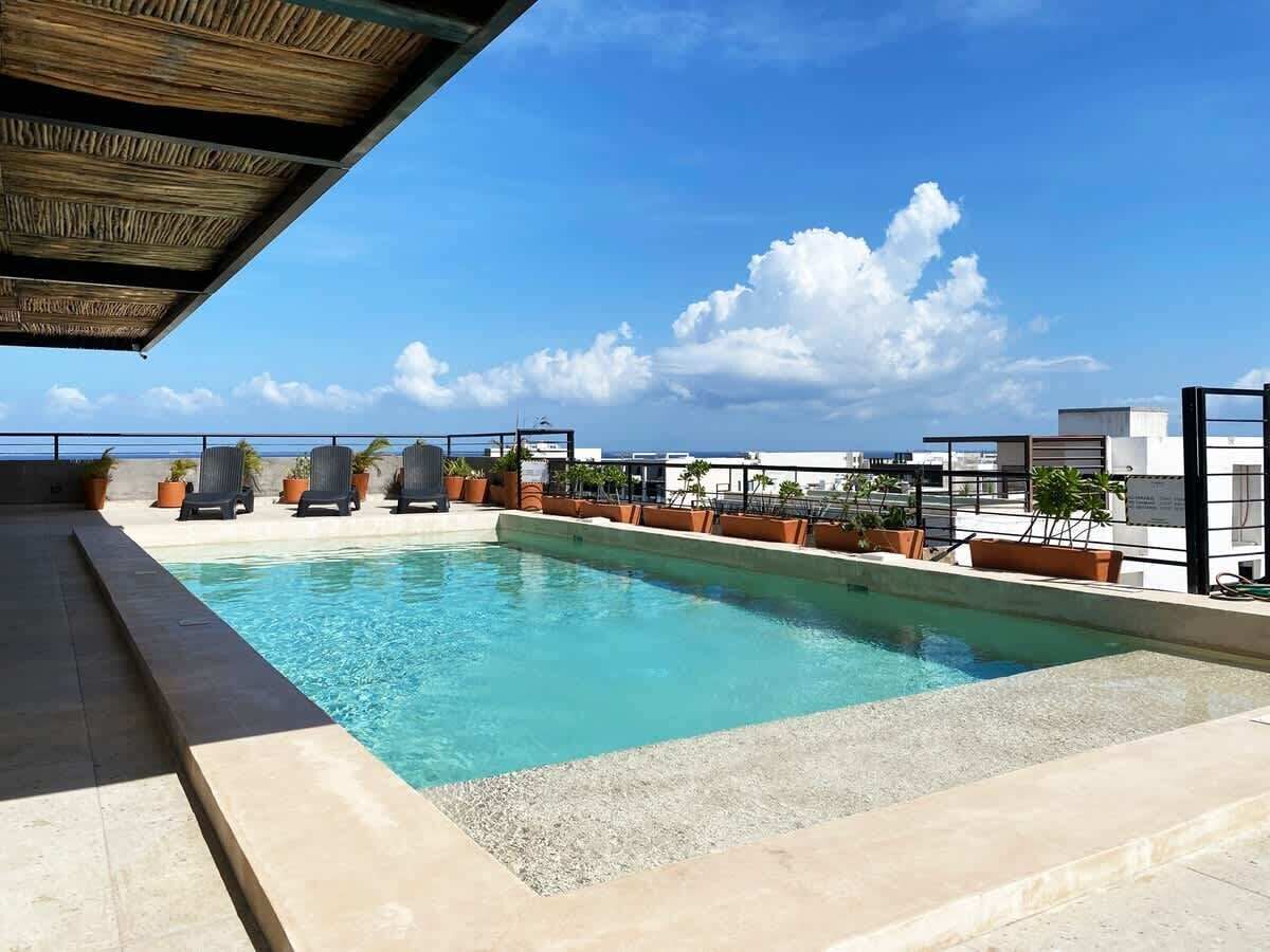 A rooftop pool with lounge chairs and potted plants.