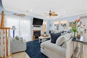 Smart TV, fireplace, books