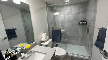 Shower, hair dryer, towels, soap