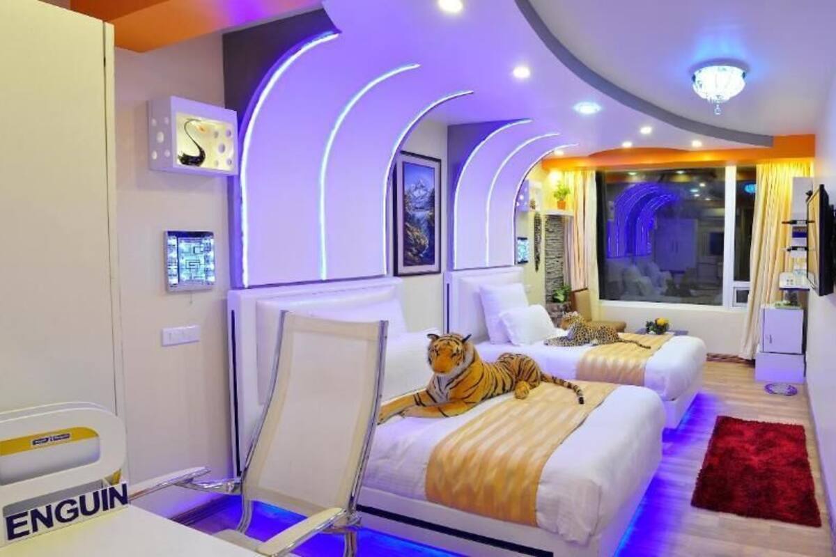 Habitación de hotel con dos camas, un peluche de tigre en una de ellas y una alfombra roja en el suelo.