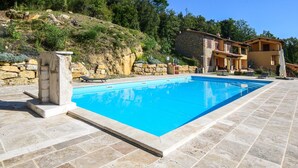 Une piscine rectangulaire bordée de pierres, avec un mur en pierre et une colline arborée en arrière-plan.