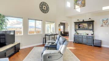 TV, fireplace, books