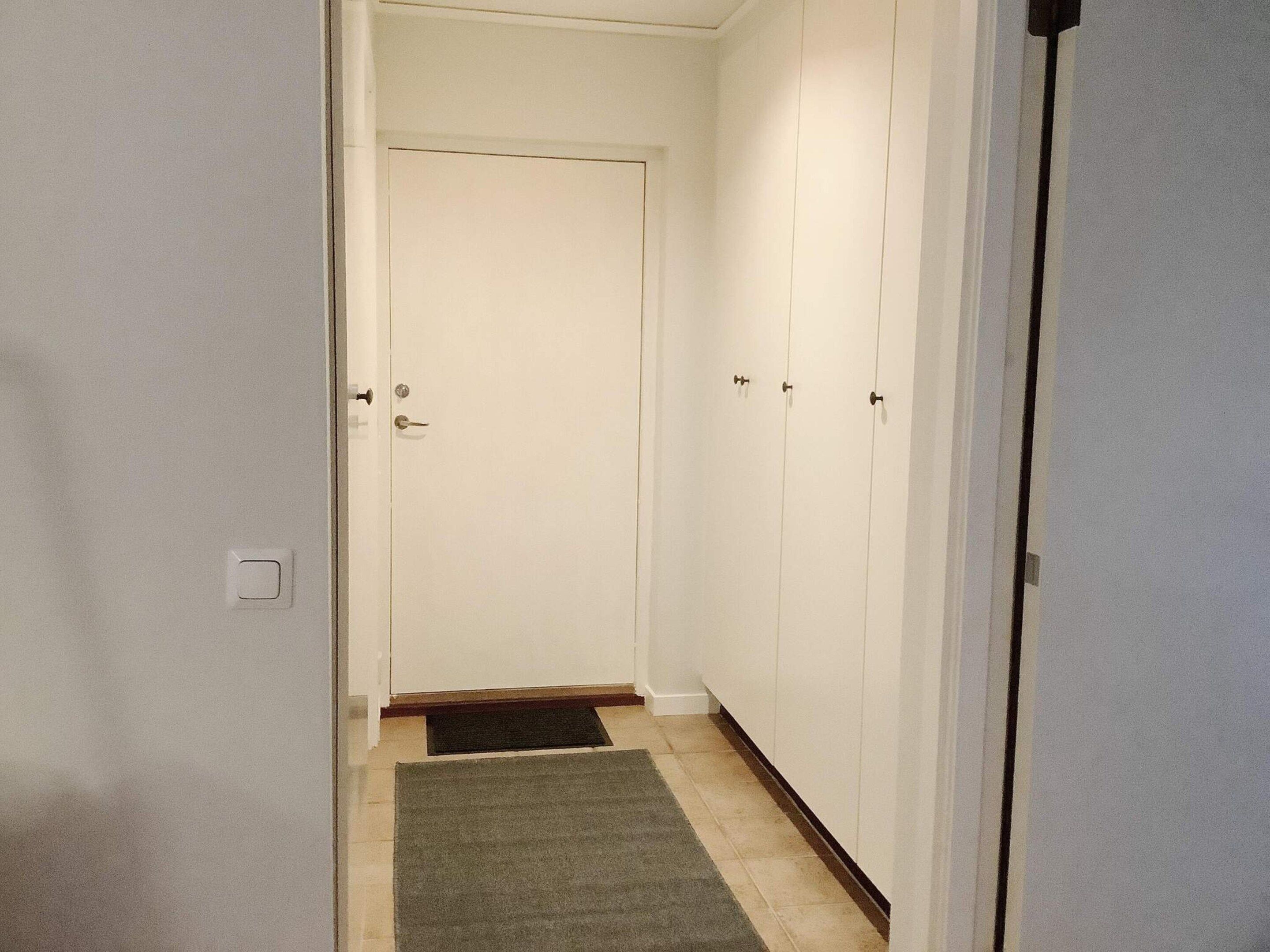 A hallway with a door at the end, a doormat, and a carpet.