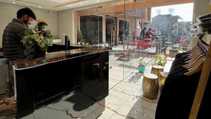 Un moderno vestíbulo de hotel con un mostrador de recepción de mármol, un separador de vidrio y vista a la calle.