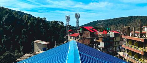 A view of a building with a blue roof, surrounded by other buildings and a forested hillside.