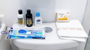 Toiletartikelen op een wit toilet, waaronder een Dove lotion, Crest tandpasta en andere persoonlijke verzorgingsproducten.
