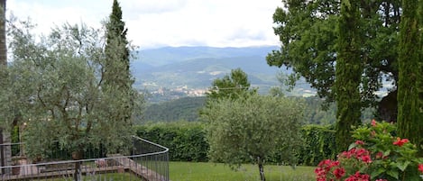 A garden with a circular stone bench, a large potted plant with red flowers, and a view of distant mountains.