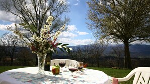 A round table with a floral tablecloth, a vase with flowers, and wine glasses, set outdoors with a mountainous backdrop. - Apartment in Tuscany near Vineyards (Poppi)