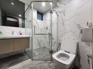 Ducha, secador de pelo, bidet, toallas