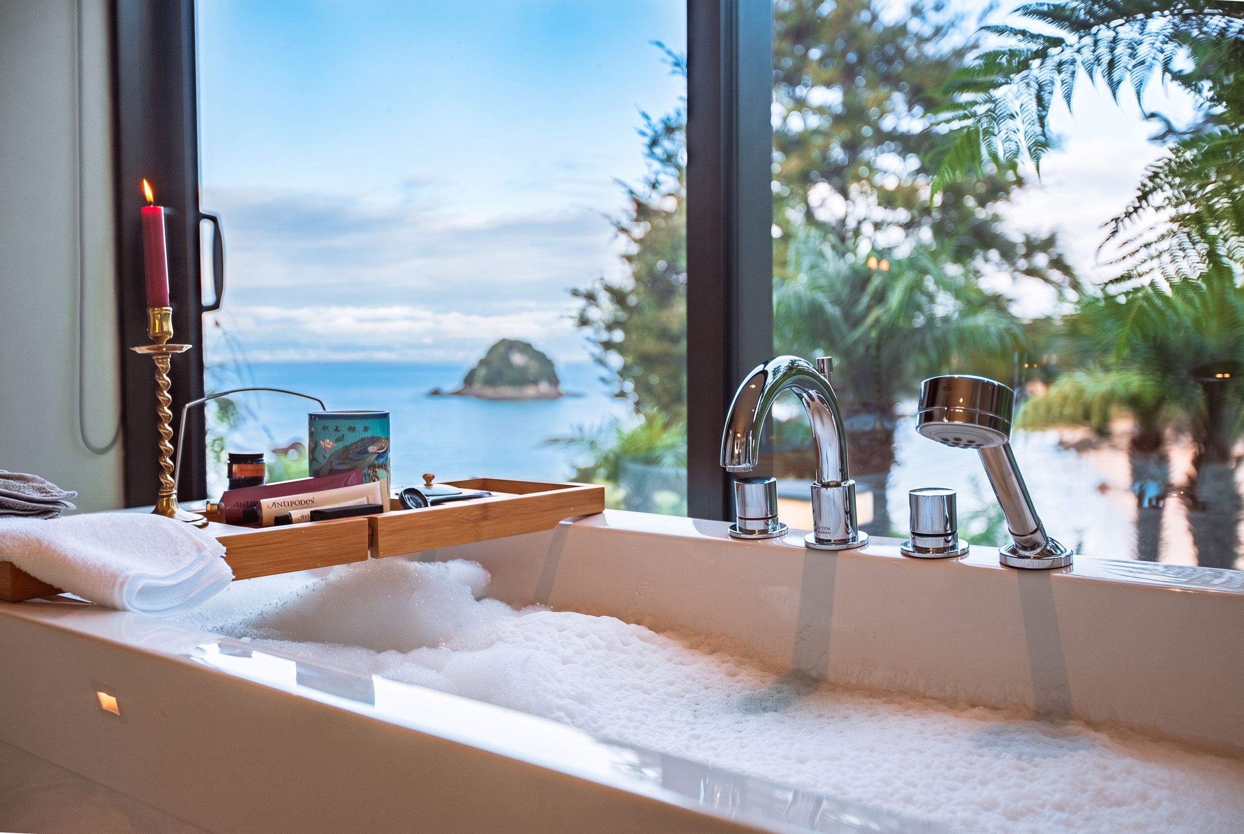 Une salle de bain avec une baignoire, une fenêtre donnant sur la mer et une étagère avec des articles de toilette.