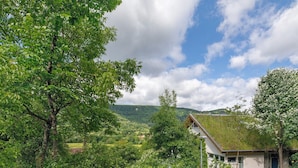 A house with a green roof, surrounded by lush greenery and hills in the background. - Apartment 'Ermstal' with Shared Garden and Wi-Fi (Bad Urach)