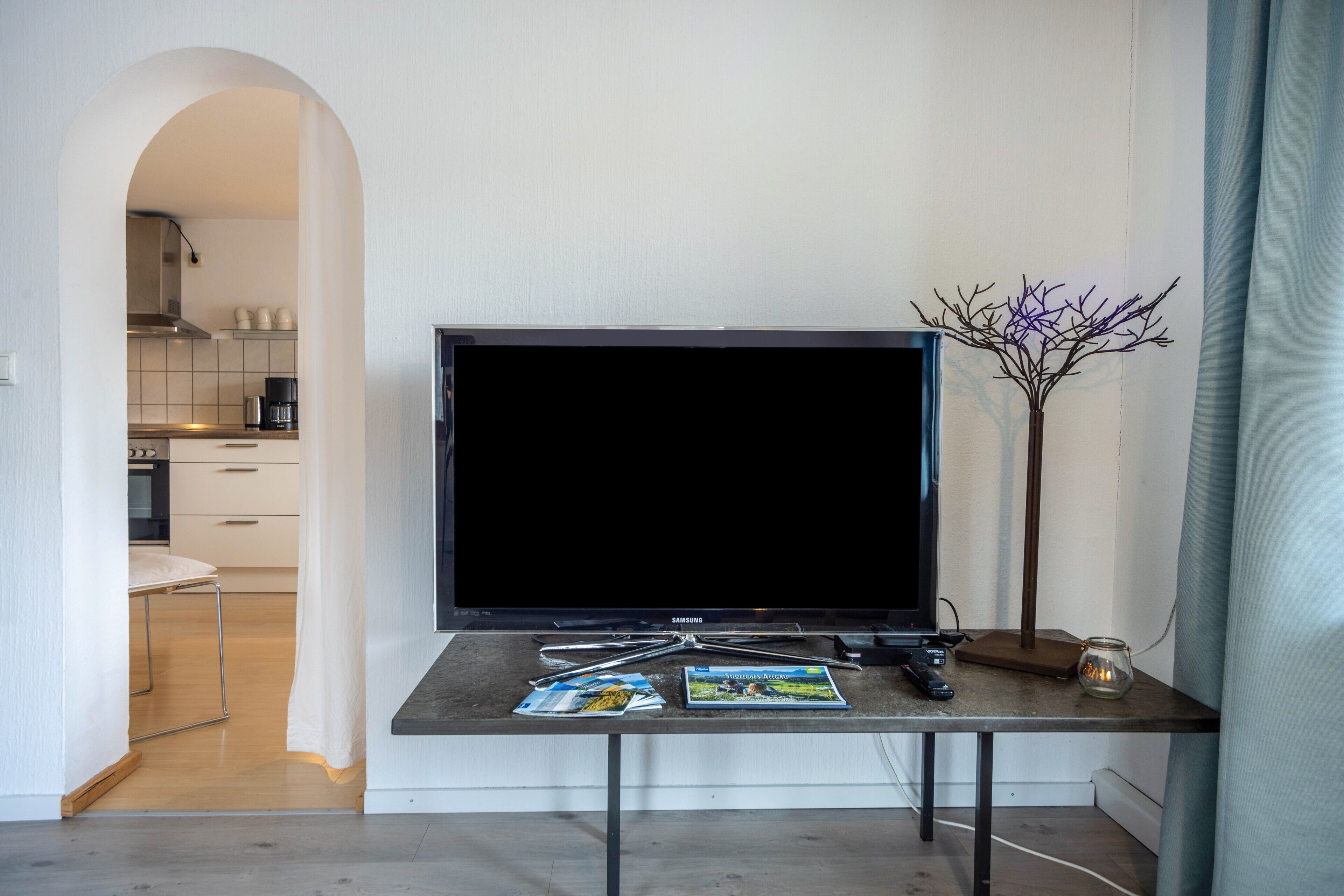 A living room with a flat-screen TV on a stand, a coffee table with magazines, a vase with branches, and a kitchen visible through an archway.