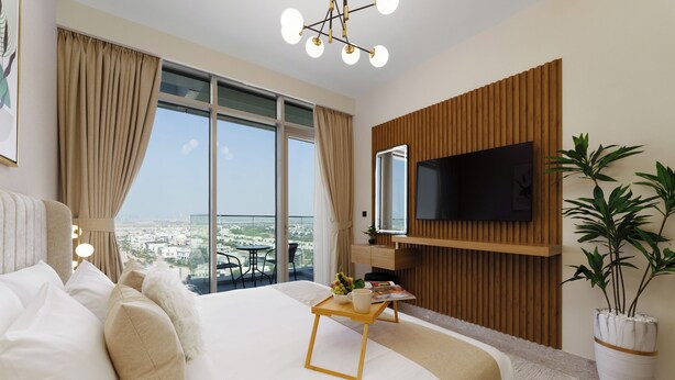 A modern hotel room with a large bed, a TV mounted on the wall, a balcony with a city view, and a potted plant. - Maison Privee - Tranquil Living with Golf Course Vws in Dubai Hills (Dubai)