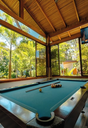 A pool table with a view of a lush garden through large windows.
