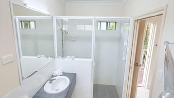 Shower, free toiletries, towels, soap