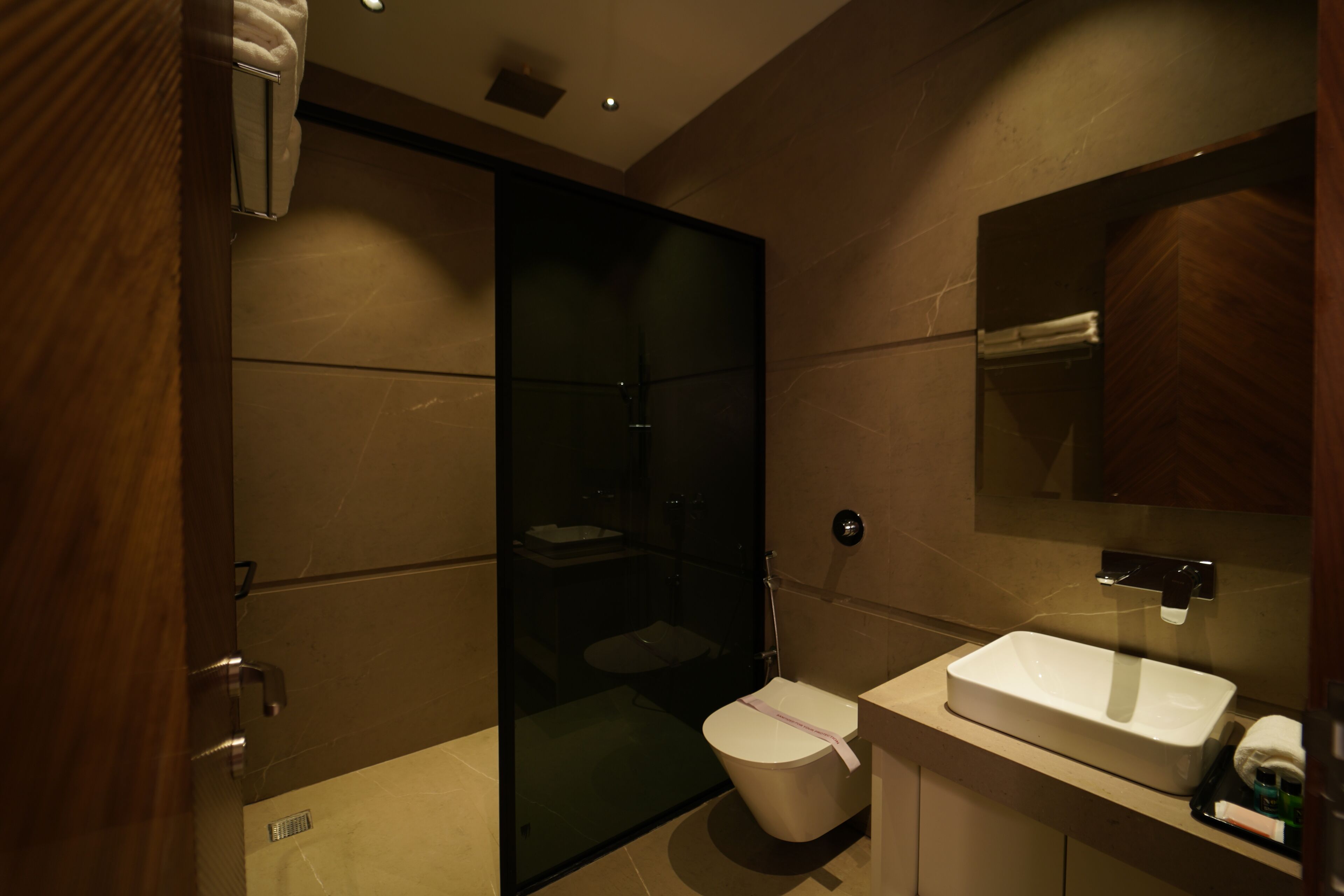A modern bathroom with a glass-enclosed shower, a white sink, and a mirror above it.