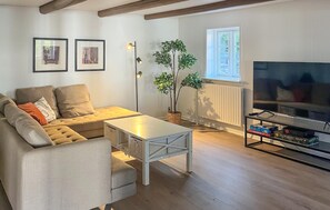 Un salon avec un canapé, une table basse, un téléviseur et une plante.