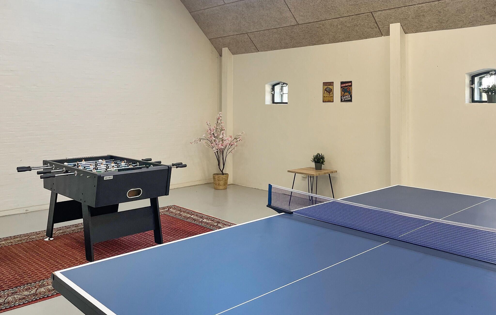 A room with a foosball table, ping pong table, and a small table with a plant.