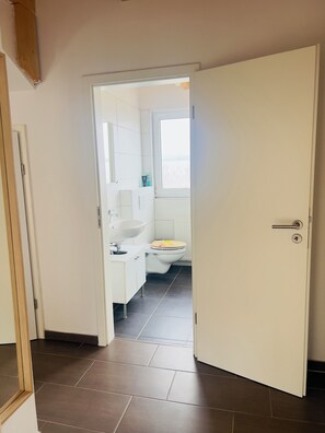 A bathroom with a toilet, sink, and mirror.