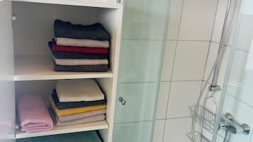 Shower, towels, toilet paper